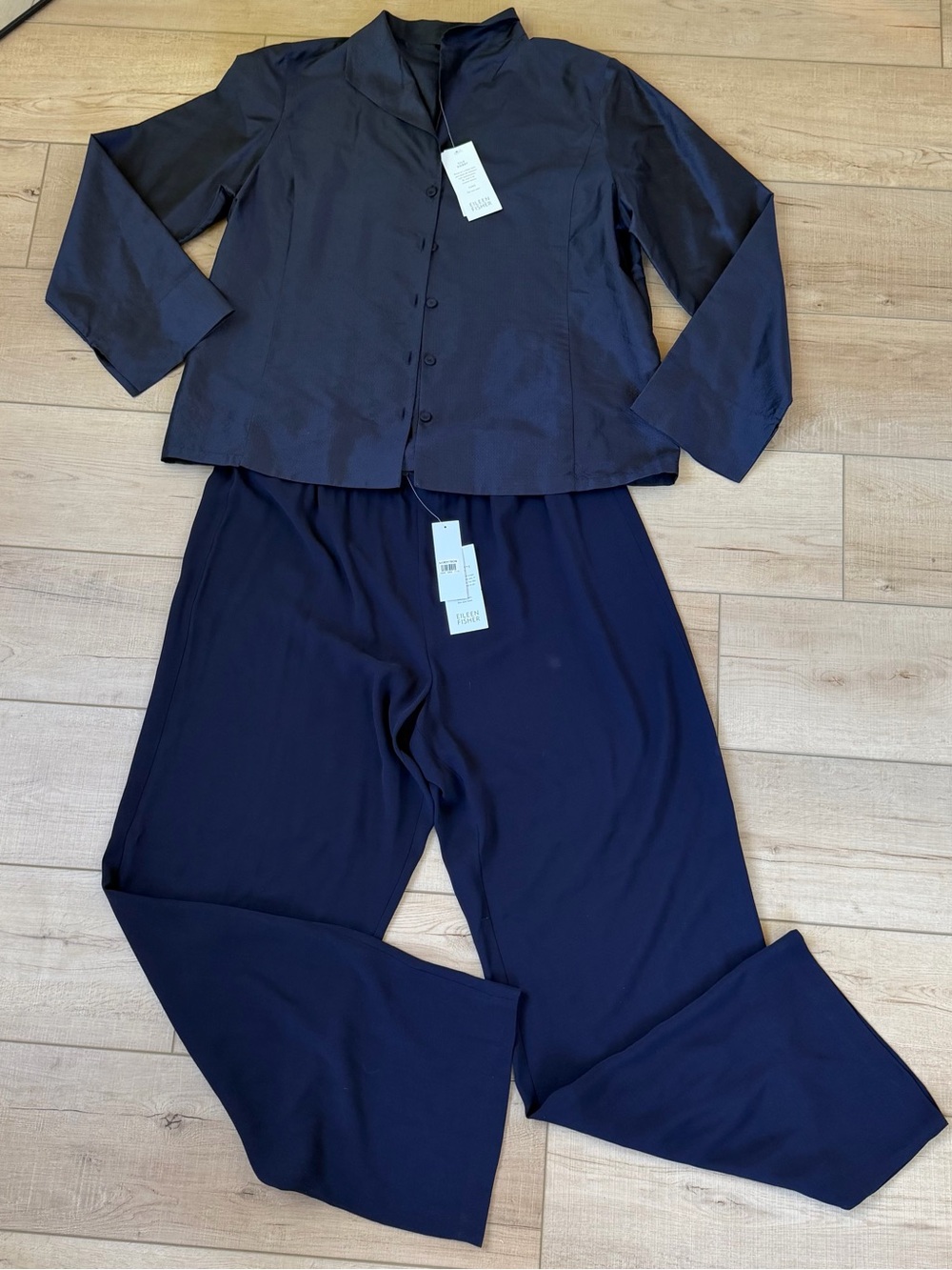 NWT Eileen Fisher Georgette Crinkle Crepe Pants, Silk Dobby Top Size L